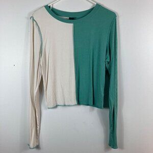 Womens Wild Fable Green White Color Block Ribbed LS Baby Shirt L